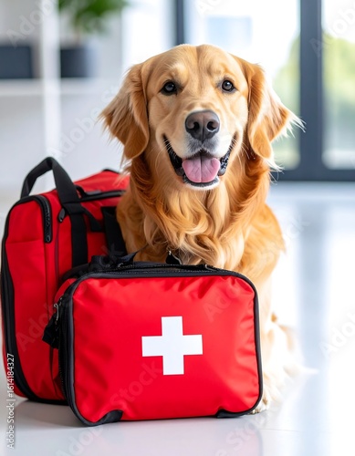 Golden Retriever with First Aid Kit