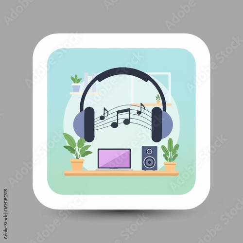 Illustration of headphones with music notes floating above a laptop and speaker on a shelf with potted plants in front of a window.
