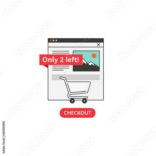 Online shopping illustration showing a website with a shopping cart and a "Only 2 left!" notification.