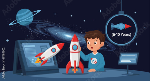 A Young Boy Explores Space Rockets at a Museum Exhibit with Planets Background
