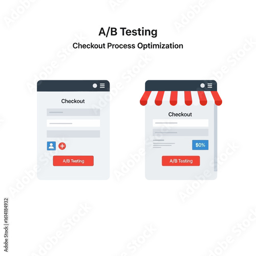 A/B Testing concept illustrating checkout process optimization with two different website designs for comparison.