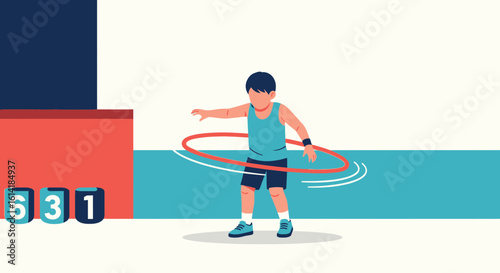 Active Little Boy Having Fun With Hula Hoop At Playtime In Colorful Room