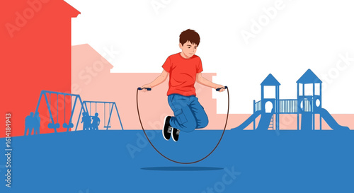 Active Young Boy Having Fun Jumping Rope At The Playground Outdoor