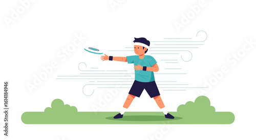 Active Young Man Playing Flying Disc Sport Outdoor in Windy Weather