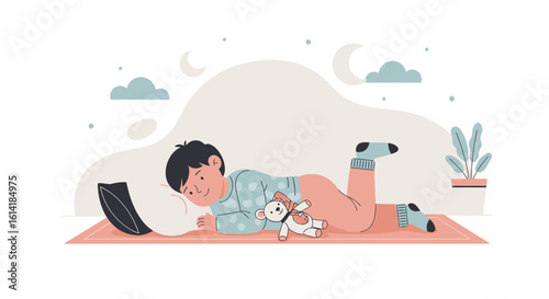 Adorable Child Dreaming Peacefully At Night With Soft Toy Beside Him