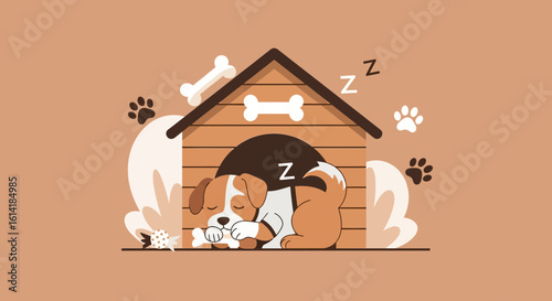 Adorable Dog Sleeping Peacefully In Doghouse Vector Illustration Graphics