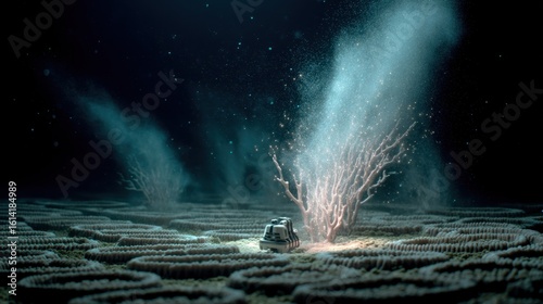 Wallpaper Mural Robotic device releases a concentrated cloud of calcium carbonate spores onto a coral reef at night, potentially aiding in reef restoration and demonstrating innovative conservation methods Torontodigital.ca