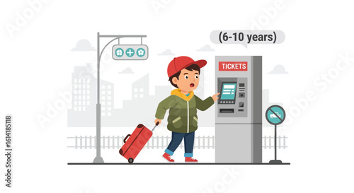 Boy Purchasing Train Tickets From A Machine For Vacation Travel Alone