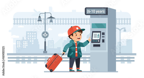 Boy Purchasing Train Ticket From Vending Machine Before Trip Adventure