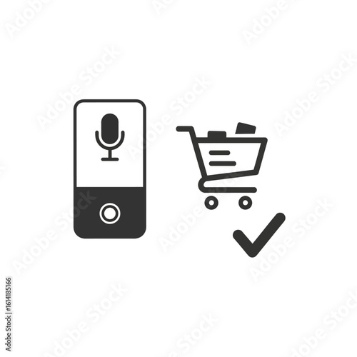 A stylized illustration depicting a smartphone with a microphone icon next to a shopping cart and a checkmark, symbolizing voice-activated online shopping.