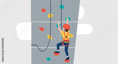 Adventurous Kid Climber Ascending on Rock Wall in Gym Exercise Challenge