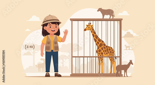 Adventurous Girl Exploring Wildlife Watching Giraffe In Cage At The Zoo
