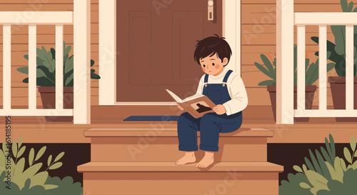 Boy Reading An Exciting Book On His Porch During A Peaceful Afternoon