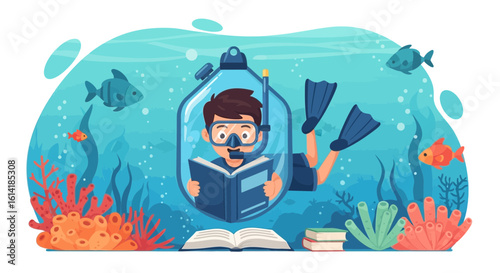 Boy Reads a Book Underwater Wearing Diving Gear With Marine Life Around