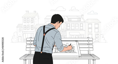 Architectural Visionary At Work Sketching Dream House On Park Bench