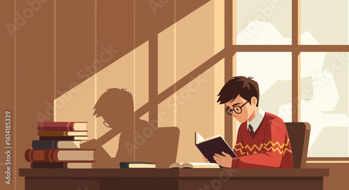 Boy Reads Book While Studying In The Library With Sunlight Coming Through