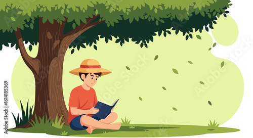 Boy Relaxing And Reading A Book Under Shady Tree On A Summer Day