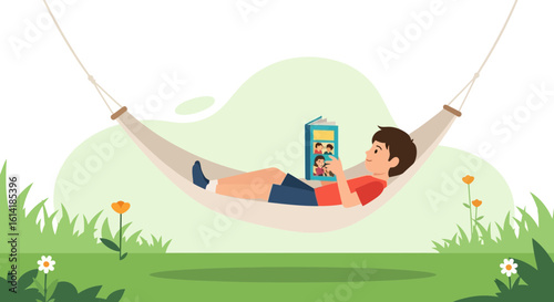 Boy Relaxing And Reading Book On Hammock In Summer Season Landscape Vector Illustration
