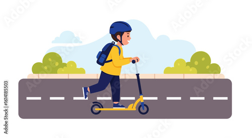 Boy Rides Scooter Safely on the Street Wearing Helmet and Backpack Vector