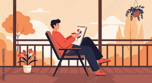 Artistic Expression On Balcony A Man Drawing Flowers In Sketchbook Outdoors