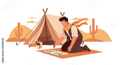 Artistic Nomad Creating Desert Oasis Painting While Camping On His Adventure