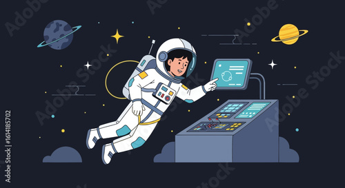 Astronaut Interacting With Spacecraft Console In Infinite Outer Space Setting