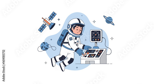 Astronaut In Space Floating Near Control Panel With Planets And Satellite