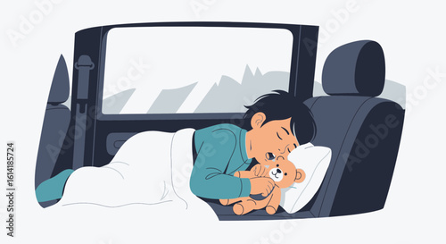 Boy Sleeping Peacefully With Teddy Bear During A Car Trip Journey Vacation