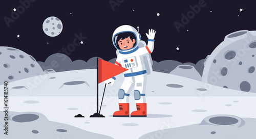 Astronaut Waving On Moon With A Flag Achievement Illustration Space Exploration