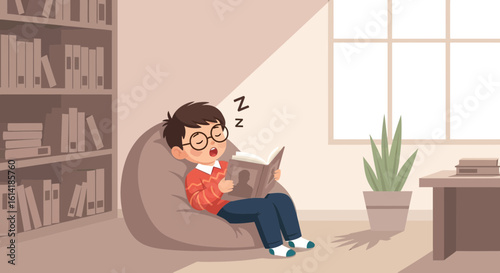 Boy Sleeping With A Book In Hand On A Beanbag In The Living Room