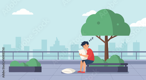 Boy Sleeping Underneath Tree In Cityscape Scene Illustration Flat Vector