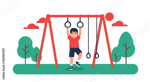 Boy Swinging on Gymnastic Rings at Playground with Trees and Clouds