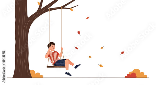Boy Swinging Under Autumn Tree With Falling Leaves In Tranquil Scene