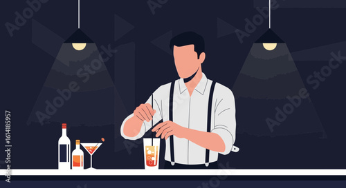 Bartender Creating Cocktail In Bar Setting Under Warm Lighting Ambiance