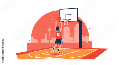 Basketball Player Shooting in a City Backdrop Graphic for Sport Designs