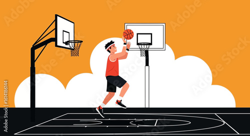 Basketball Player Taking A Jump Shot With Court And Cloudy Backdrop