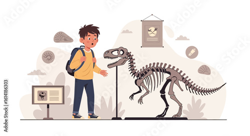 Boy Amazed By Dinosaur Skeleton On Field Trip To Paleontology Museum