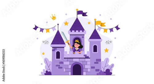 Brave Princess Standing Guard With Sword in Majestic Purple Castle Illustration