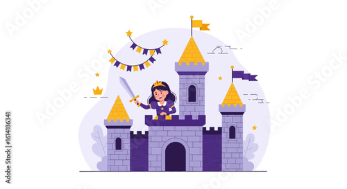 Brave Princess Wielding Sword Defending Royal Castle Towers Realm Fantasy
