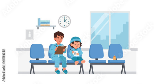 Brother And Sister Wait At The Doctor's Office Drawing Pictures Together