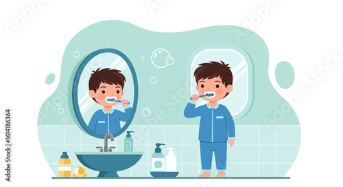 Boy Brushing Teeth In Bathroom Illustration For Morning Routine Concept