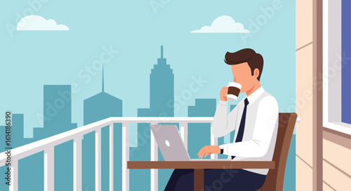 Business Man Working Remotely On Balcony With City Skyline And Enjoying Coffee
