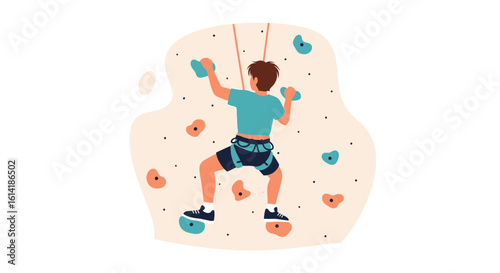 Boy Climbing Indoor Climbing Wall With Harness And Safety Ropes Top View