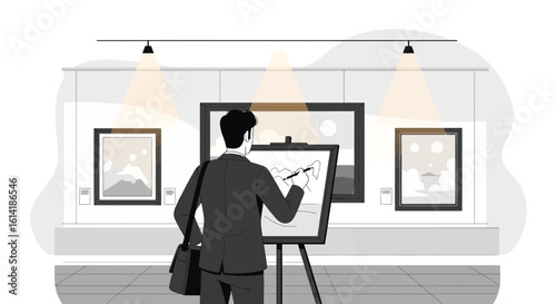 Capturing Inspiration Artist Sketching Masterpieces At An Art Exhibition