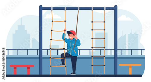 Boy Climbing On Playground Structure Enjoying Outdoor Urban Environment