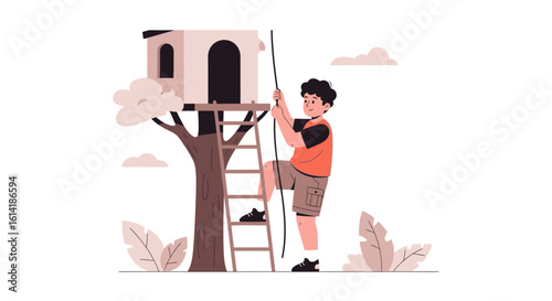 Boy Climbing To Treehouse Holding A Rope With Summer Leisure Activity
