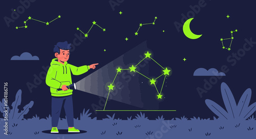 Boy Discovering Constellations In The Night Sky With A Flashlight Illustration