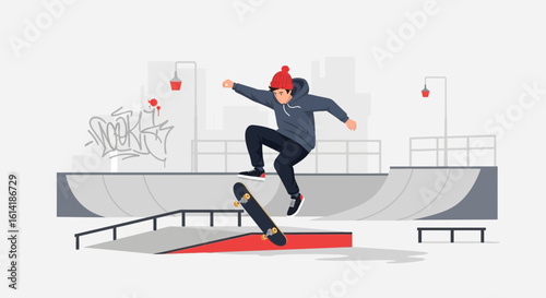 Boy Doing An Ollie Trick With A Skateboard In A Skatepark On A Sunny Day