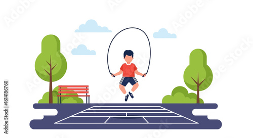Boy Doing Jump Rope Workout Exercise in a Park Outdoors Flat Design