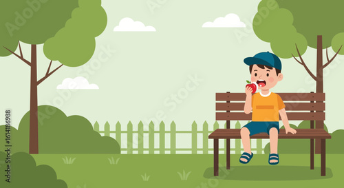 Boy Enjoying A Fresh Apple While Relaxing On A Park Bench Outside